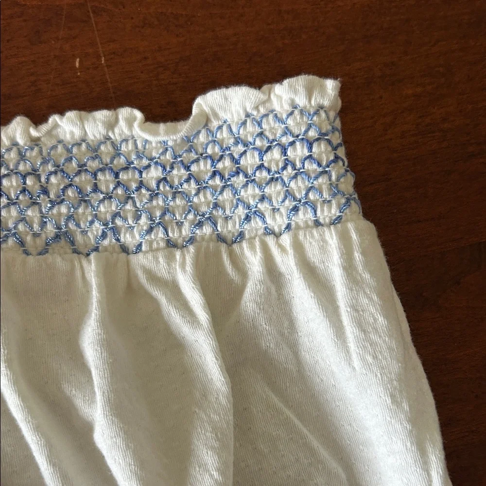 Anthropologie White Smocked Tube Top with Blue Embroidery - Picture 3 of 5